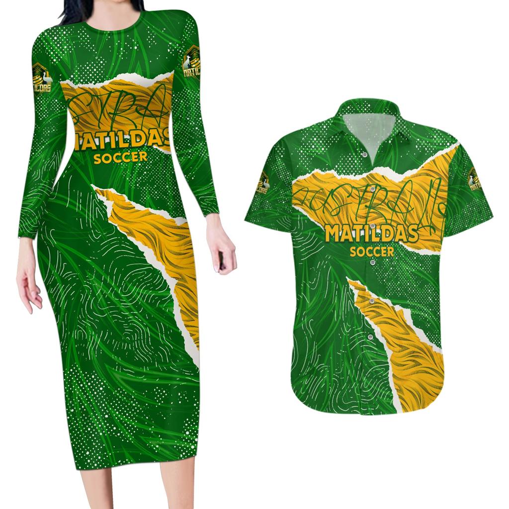 Personalised Matildas Couples Matching Long Sleeve Bodycon Dress and Hawaiian Shirt Australia Soccer Fingerprint