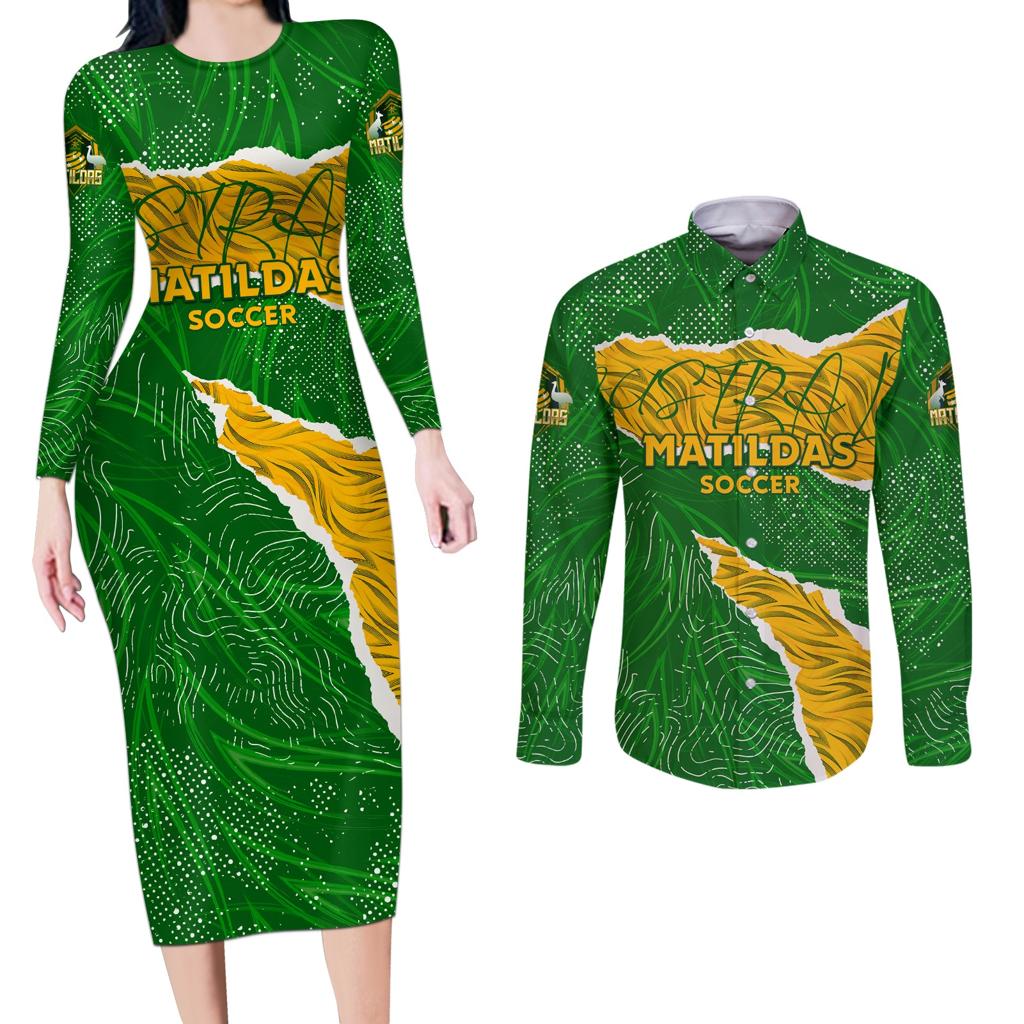 Personalised Matildas Couples Matching Long Sleeve Bodycon Dress and Long Sleeve Button Shirt Australia Soccer Fingerprint