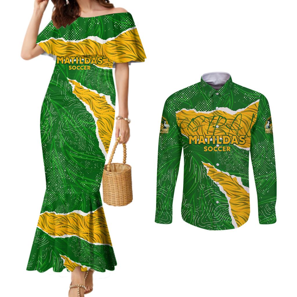 Personalised Matildas Couples Matching Mermaid Dress and Long Sleeve Button Shirt Australia Soccer Fingerprint