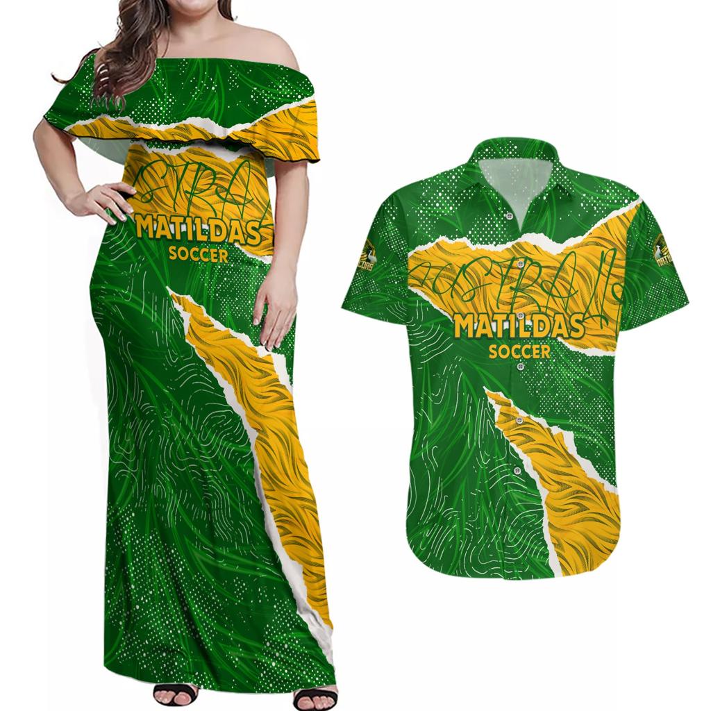 Personalised Matildas Couples Matching Off Shoulder Maxi Dress and Hawaiian Shirt Australia Soccer Fingerprint