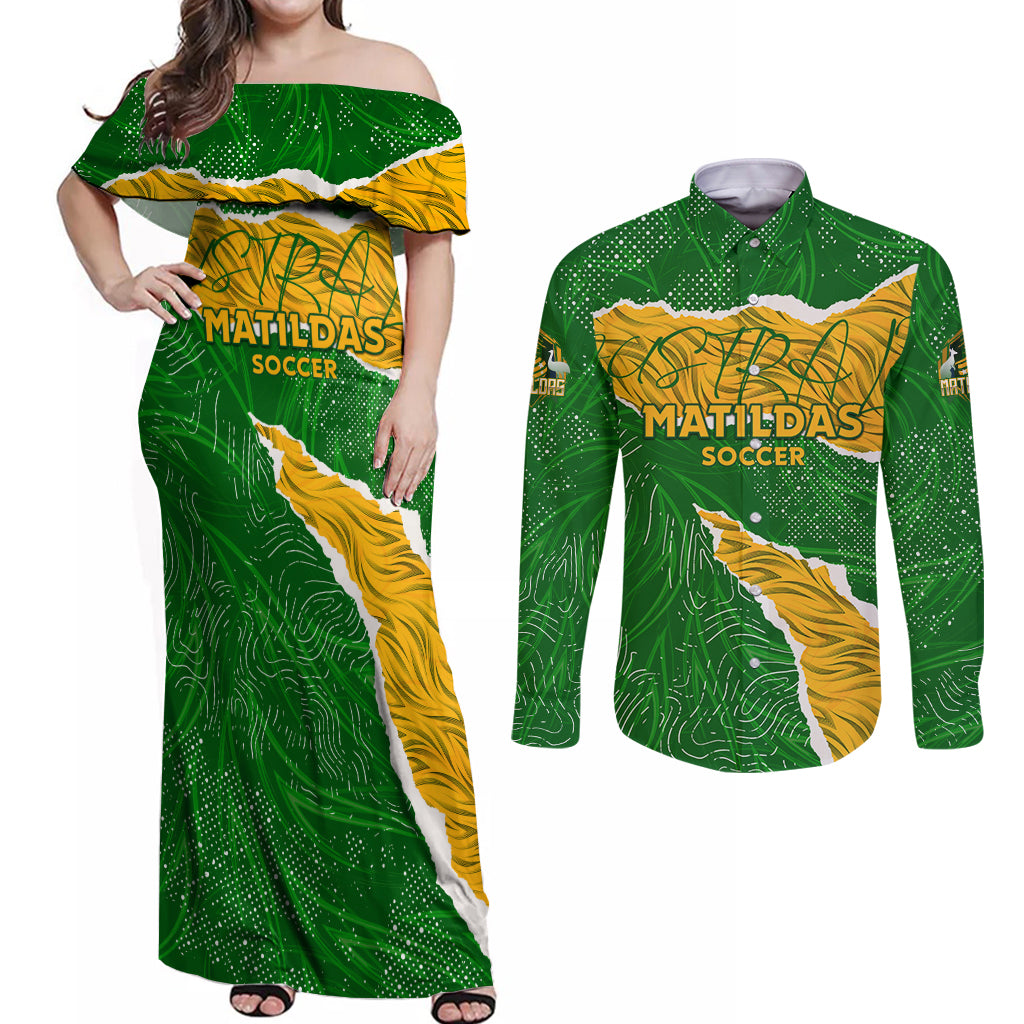 Personalised Matildas Couples Matching Off Shoulder Maxi Dress and Long Sleeve Button Shirt Australia Soccer Fingerprint