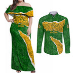 Personalised Matildas Couples Matching Off Shoulder Maxi Dress and Long Sleeve Button Shirt Australia Soccer Fingerprint