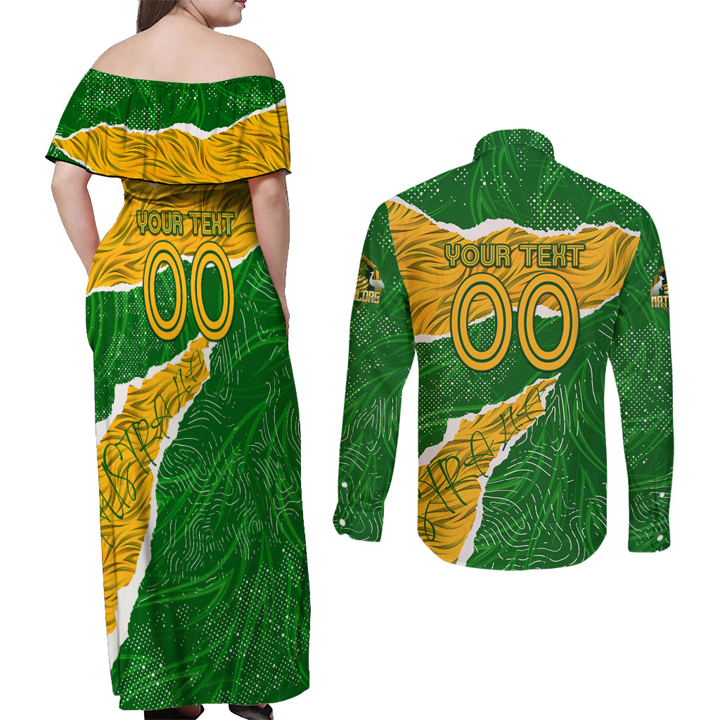 Personalised Matildas Couples Matching Off Shoulder Maxi Dress and Long Sleeve Button Shirt Australia Soccer Fingerprint