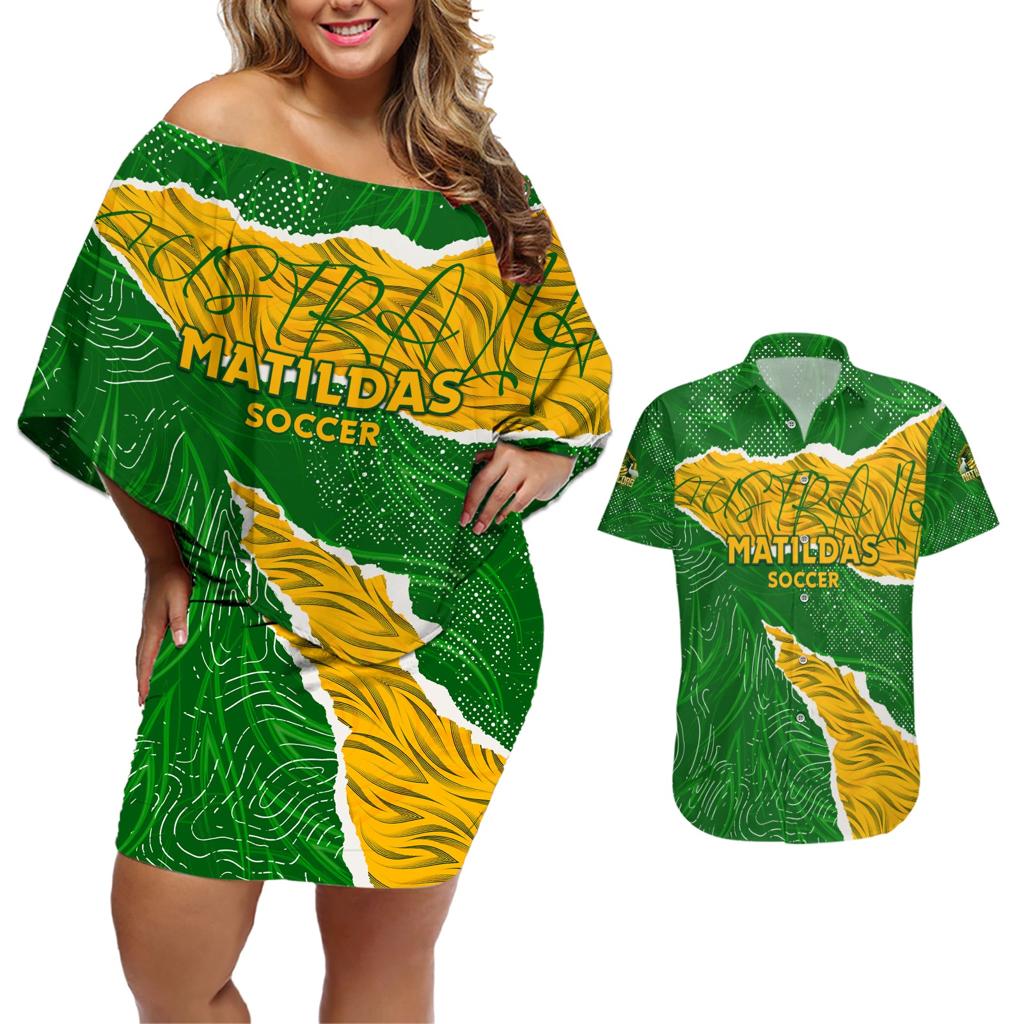 Personalised Matildas Couples Matching Off Shoulder Short Dress and Hawaiian Shirt Australia Soccer Fingerprint