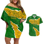 Personalised Matildas Couples Matching Off Shoulder Short Dress and Hawaiian Shirt Australia Soccer Fingerprint