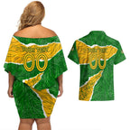 Personalised Matildas Couples Matching Off Shoulder Short Dress and Hawaiian Shirt Australia Soccer Fingerprint