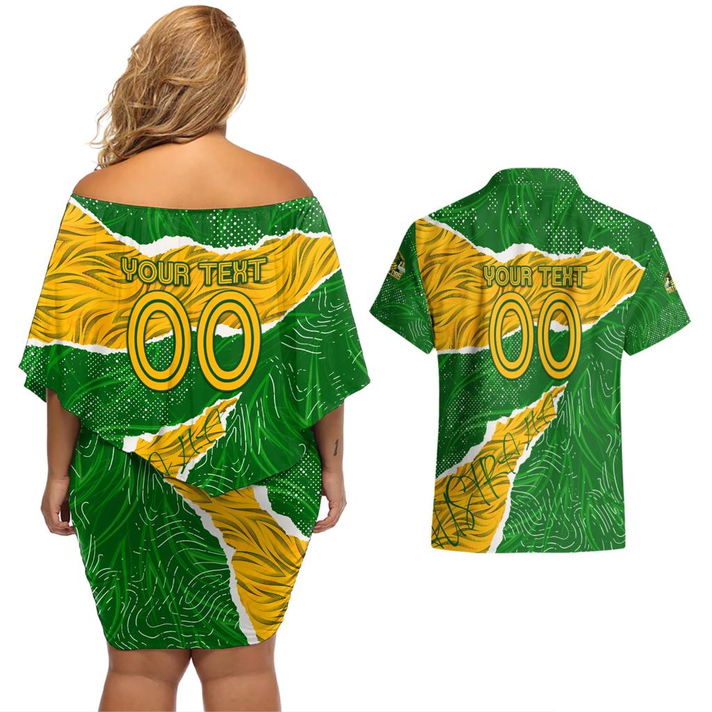 Personalised Matildas Couples Matching Off Shoulder Short Dress and Hawaiian Shirt Australia Soccer Fingerprint