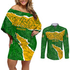 Personalised Matildas Couples Matching Off Shoulder Short Dress and Long Sleeve Button Shirt Australia Soccer Fingerprint