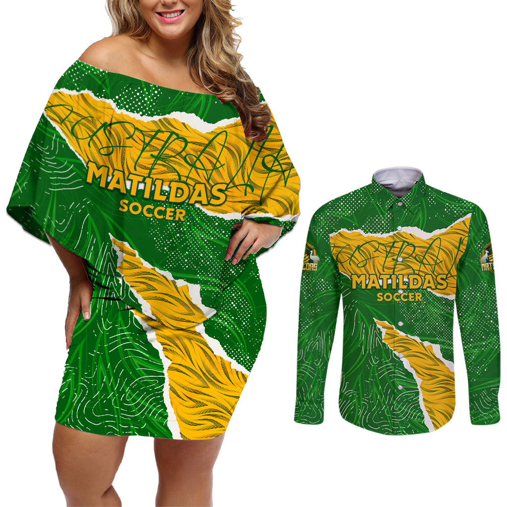 Personalised Matildas Couples Matching Off Shoulder Short Dress and Long Sleeve Button Shirt Australia Soccer Fingerprint