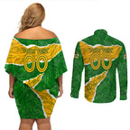 Personalised Matildas Couples Matching Off Shoulder Short Dress and Long Sleeve Button Shirt Australia Soccer Fingerprint