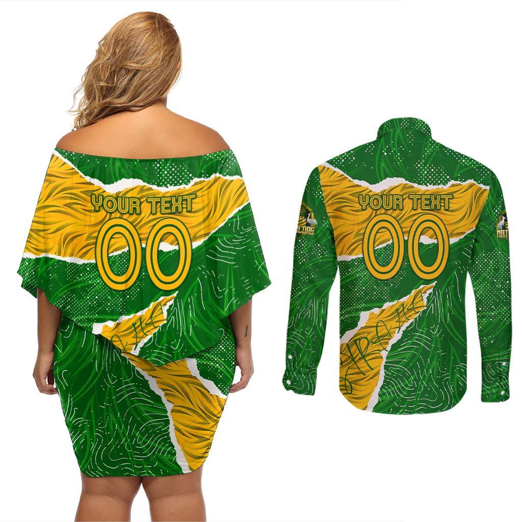 Personalised Matildas Couples Matching Off Shoulder Short Dress and Long Sleeve Button Shirt Australia Soccer Fingerprint