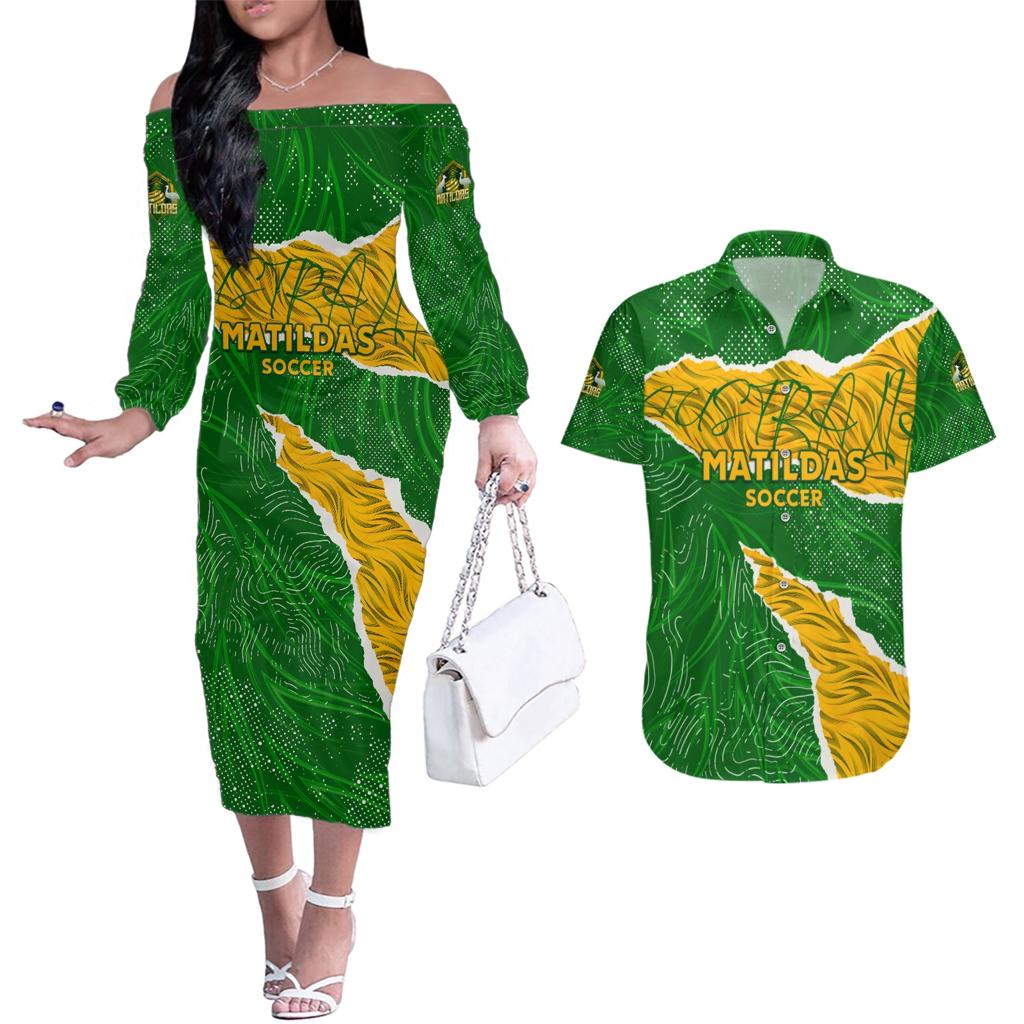 Personalised Matildas Couples Matching Off The Shoulder Long Sleeve Dress and Hawaiian Shirt Australia Soccer Fingerprint