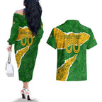Personalised Matildas Couples Matching Off The Shoulder Long Sleeve Dress and Hawaiian Shirt Australia Soccer Fingerprint