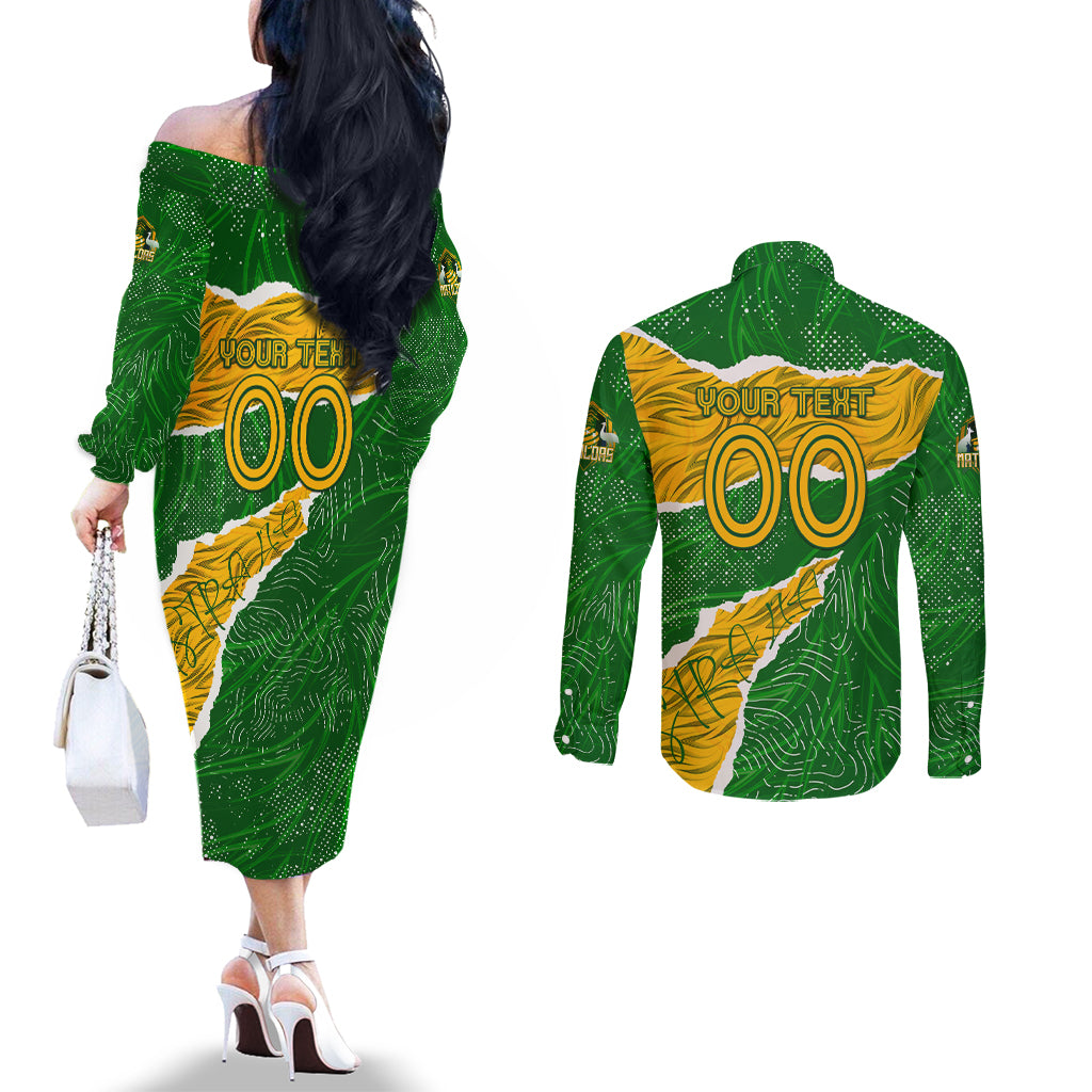 Personalised Matildas Couples Matching Off The Shoulder Long Sleeve Dress and Long Sleeve Button Shirt Australia Soccer Fingerprint