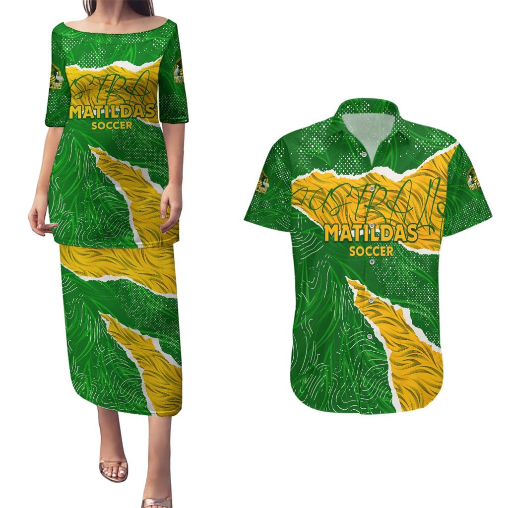 Personalised Matildas Couples Matching Puletasi and Hawaiian Shirt Australia Soccer Fingerprint
