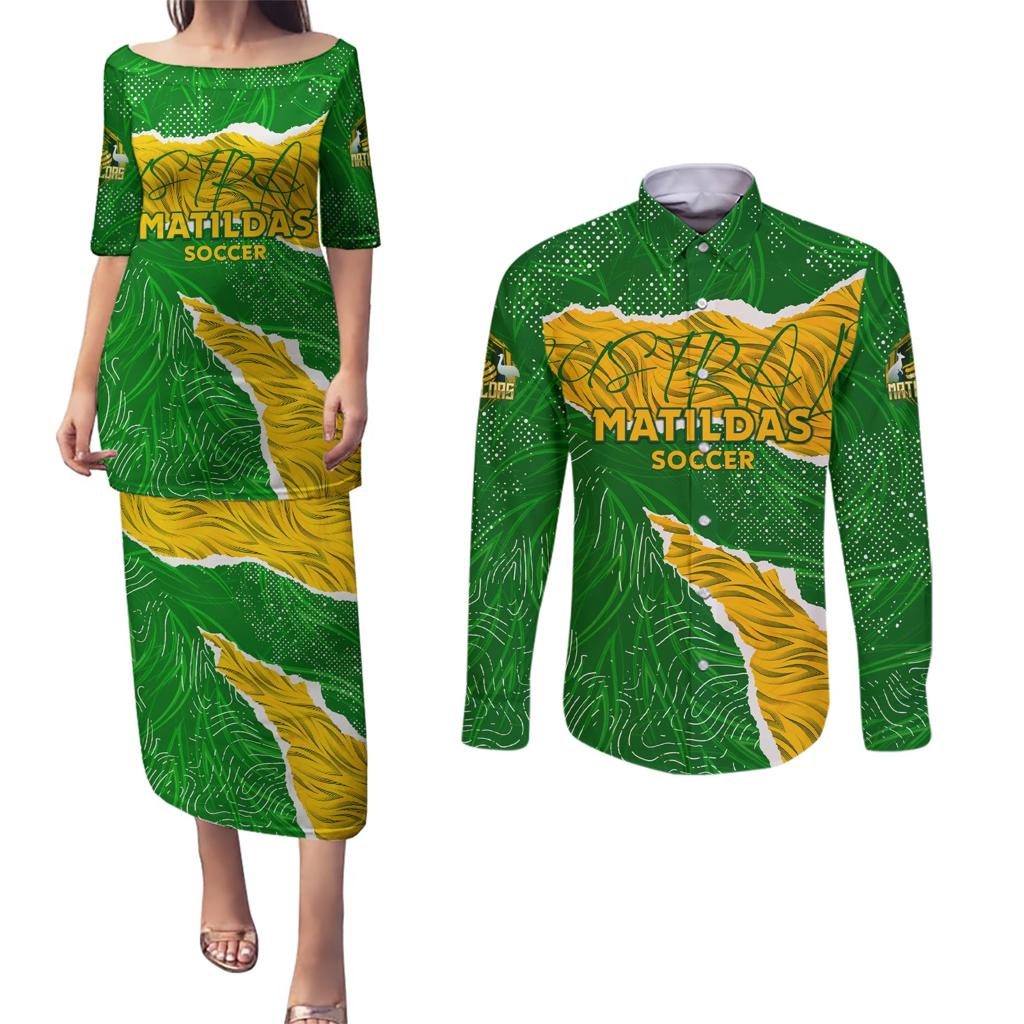 Personalised Matildas Couples Matching Puletasi and Long Sleeve Button Shirt Australia Soccer Fingerprint