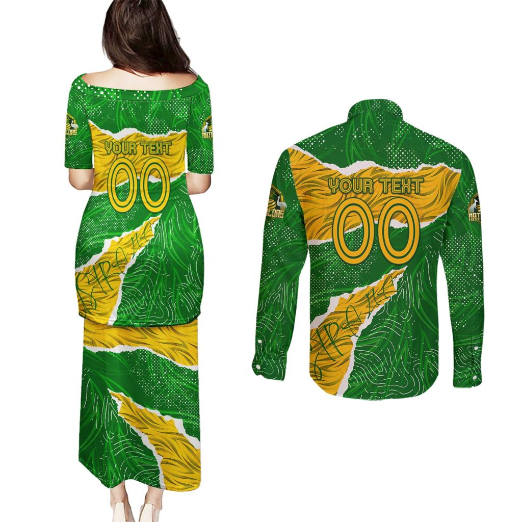 Personalised Matildas Couples Matching Puletasi and Long Sleeve Button Shirt Australia Soccer Fingerprint