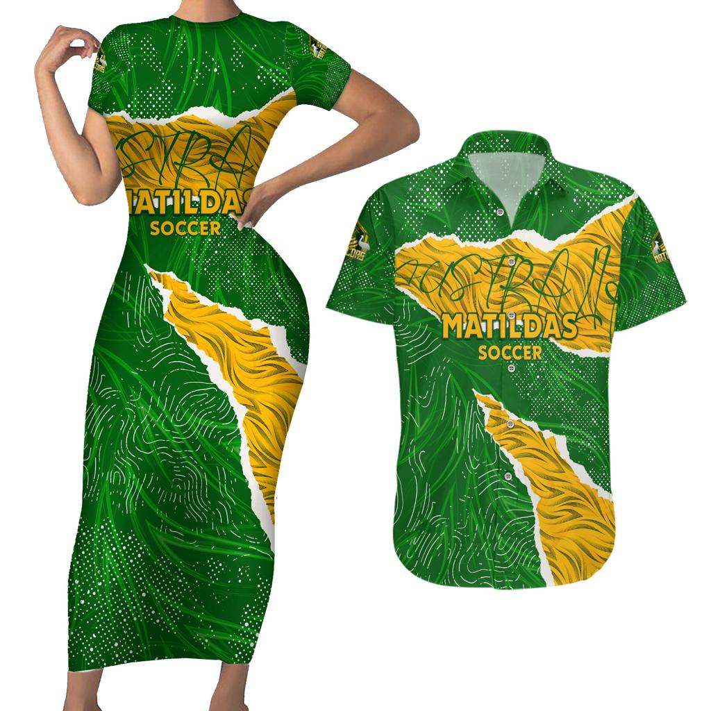 Personalised Matildas Couples Matching Short Sleeve Bodycon Dress and Hawaiian Shirt Australia Soccer Fingerprint