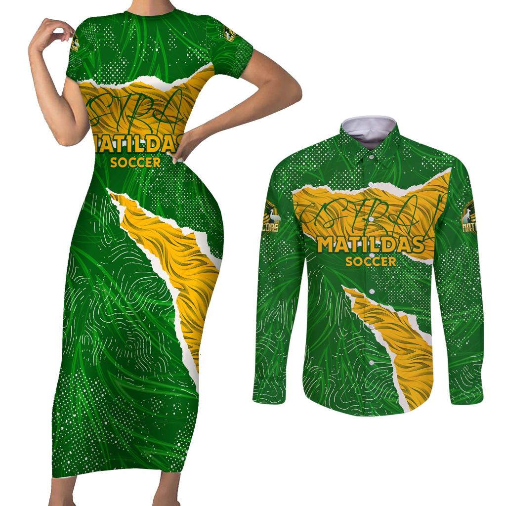 Personalised Matildas Couples Matching Short Sleeve Bodycon Dress and Long Sleeve Button Shirt Australia Soccer Fingerprint