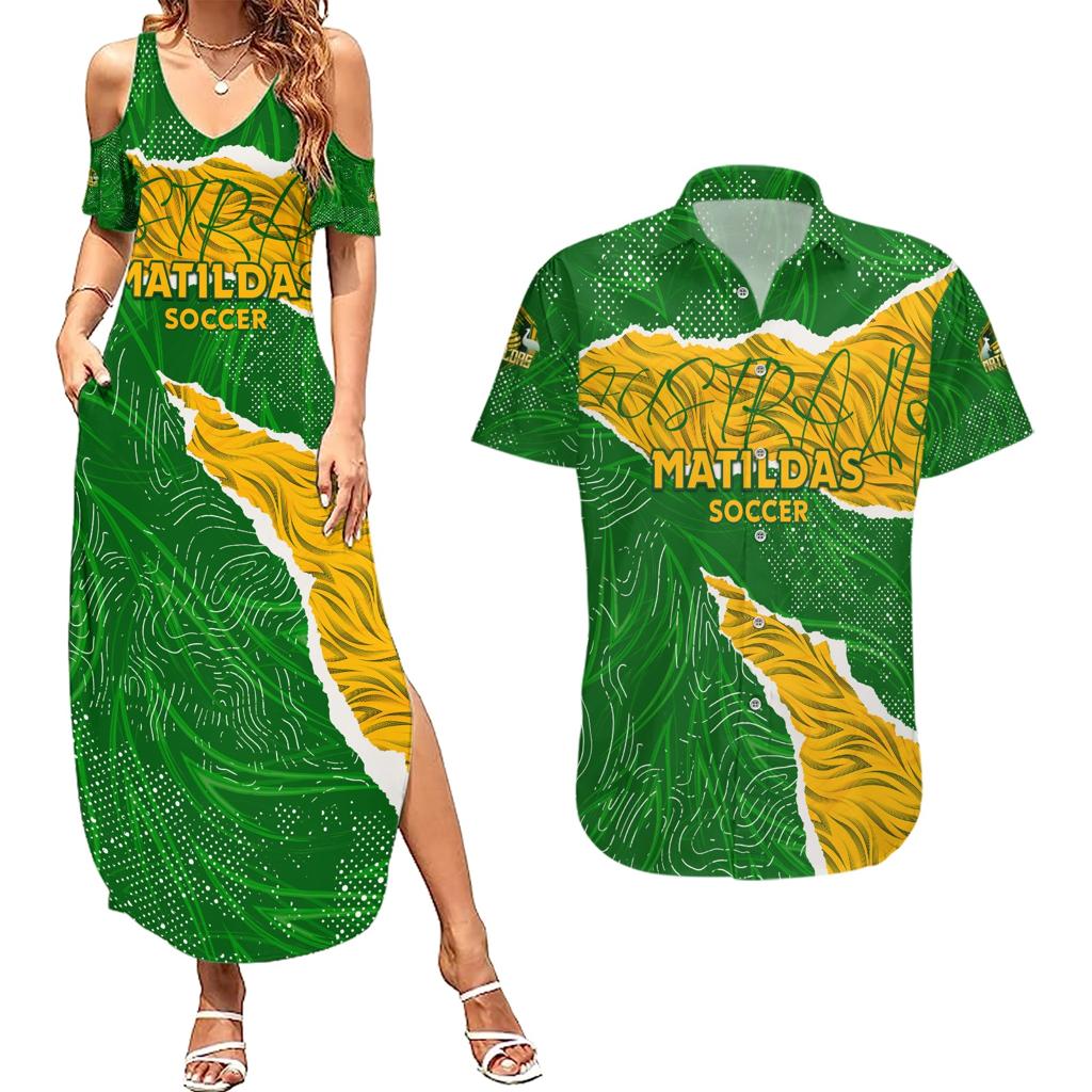 Personalised Matildas Couples Matching Summer Maxi Dress and Hawaiian Shirt Australia Soccer Fingerprint
