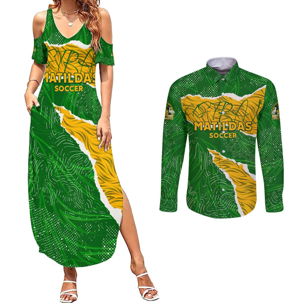 Personalised Matildas Couples Matching Summer Maxi Dress and Long Sleeve Button Shirt Australia Soccer Fingerprint