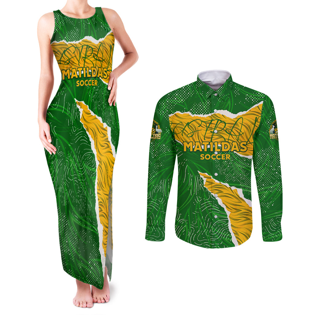 Personalised Matildas Couples Matching Tank Maxi Dress and Long Sleeve Button Shirt Australia Soccer Fingerprint