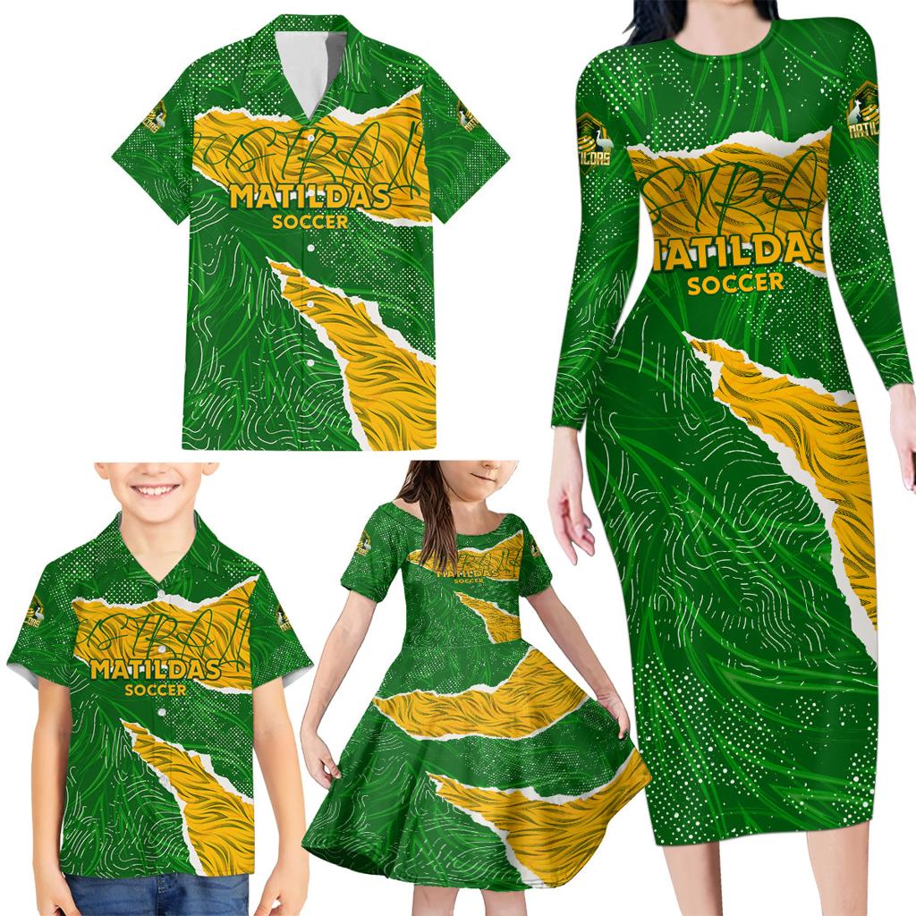 Personalised Matildas Family Matching Long Sleeve Bodycon Dress and Hawaiian Shirt Australia Soccer Fingerprint