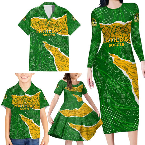 Personalised Matildas Family Matching Long Sleeve Bodycon Dress and Hawaiian Shirt Australia Soccer Fingerprint