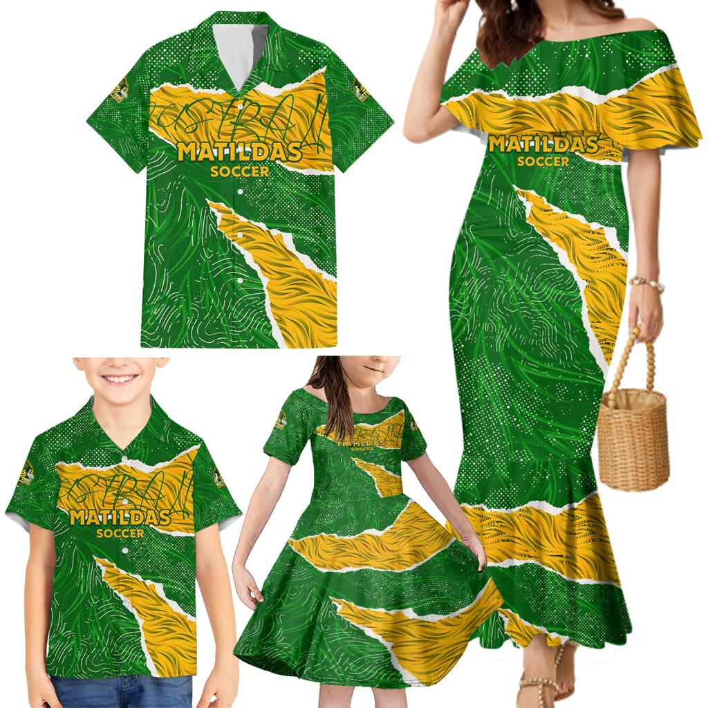 Personalised Matildas Family Matching Mermaid Dress and Hawaiian Shirt Australia Soccer Fingerprint