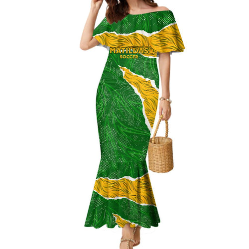 Personalised Matildas Family Matching Mermaid Dress and Hawaiian Shirt Australia Soccer Fingerprint