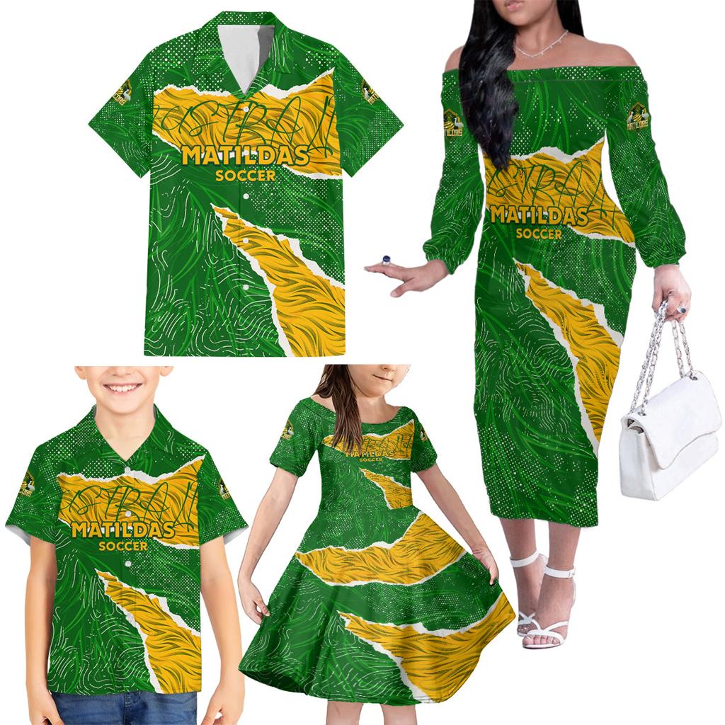 Personalised Matildas Family Matching Off The Shoulder Long Sleeve Dress and Hawaiian Shirt Australia Soccer Fingerprint