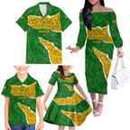 Personalised Matildas Family Matching Off The Shoulder Long Sleeve Dress and Hawaiian Shirt Australia Soccer Fingerprint