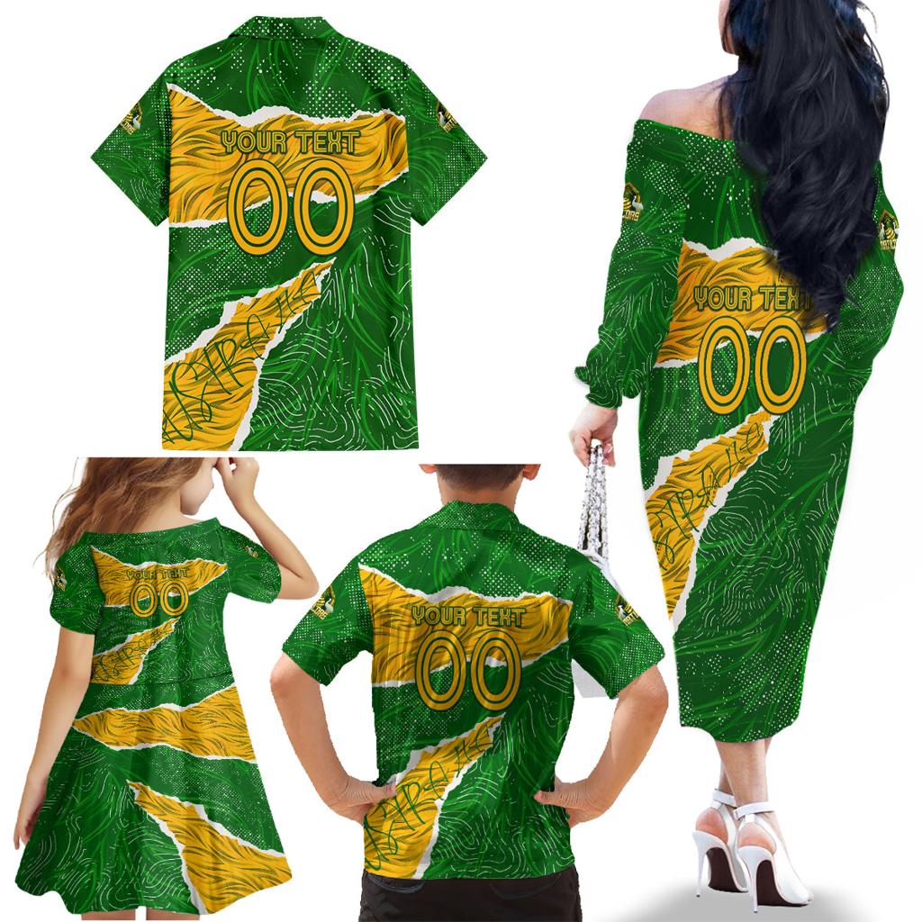 Personalised Matildas Family Matching Off The Shoulder Long Sleeve Dress and Hawaiian Shirt Australia Soccer Fingerprint