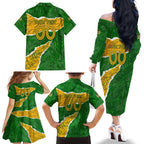 Personalised Matildas Family Matching Off The Shoulder Long Sleeve Dress and Hawaiian Shirt Australia Soccer Fingerprint