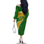 Personalised Matildas Family Matching Off The Shoulder Long Sleeve Dress and Hawaiian Shirt Australia Soccer Fingerprint