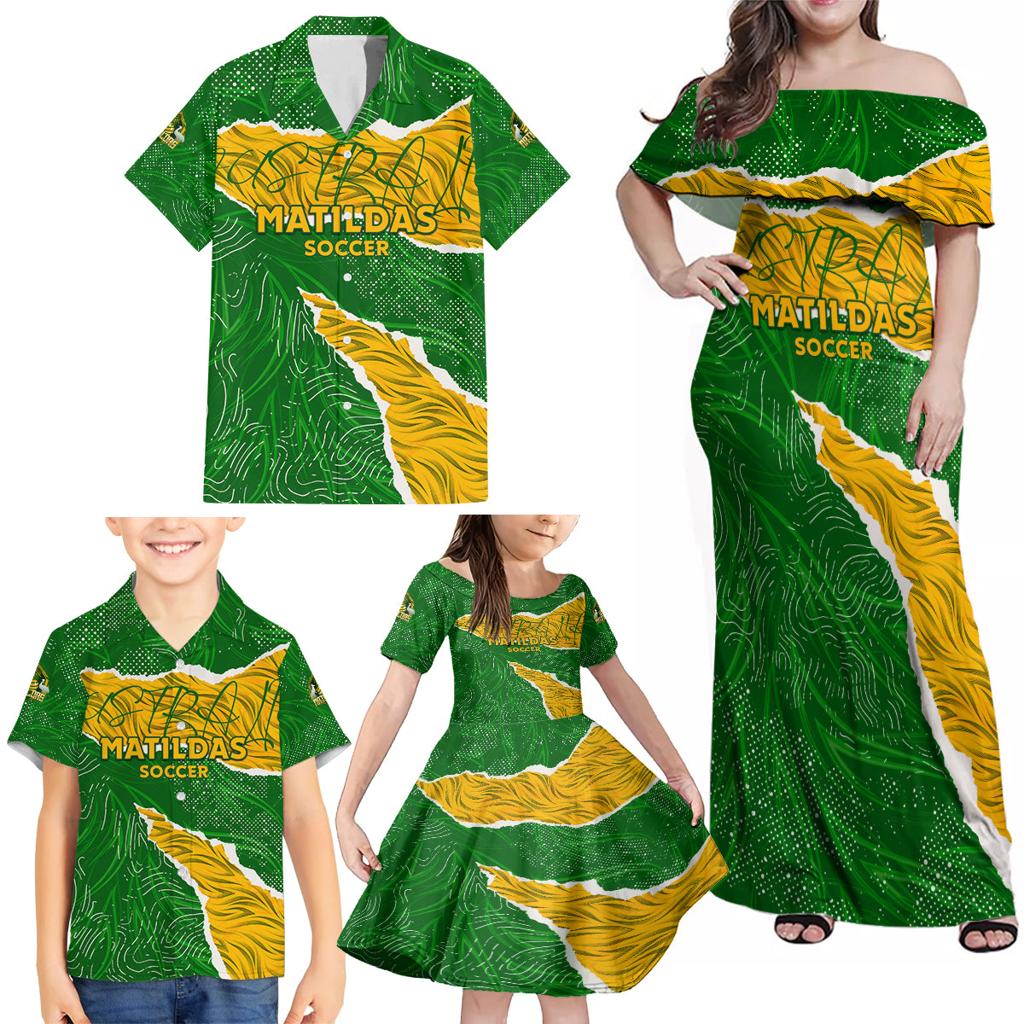 Personalised Matildas Family Matching Off Shoulder Maxi Dress and Hawaiian Shirt Australia Soccer Fingerprint