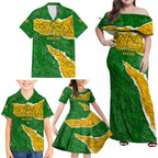Personalised Matildas Family Matching Off Shoulder Maxi Dress and Hawaiian Shirt Australia Soccer Fingerprint