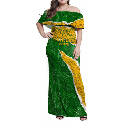 Personalised Matildas Family Matching Off Shoulder Maxi Dress and Hawaiian Shirt Australia Soccer Fingerprint