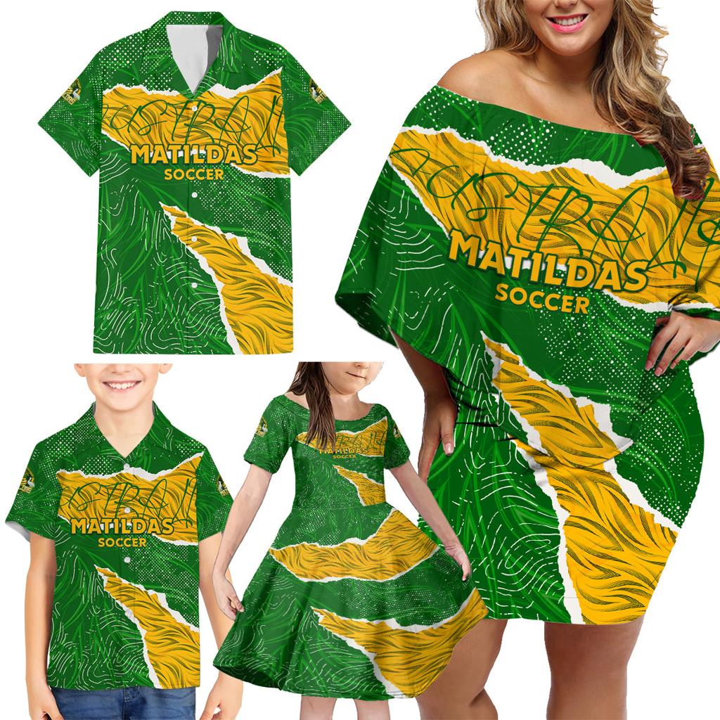 Personalised Matildas Family Matching Off Shoulder Short Dress and Hawaiian Shirt Australia Soccer Fingerprint