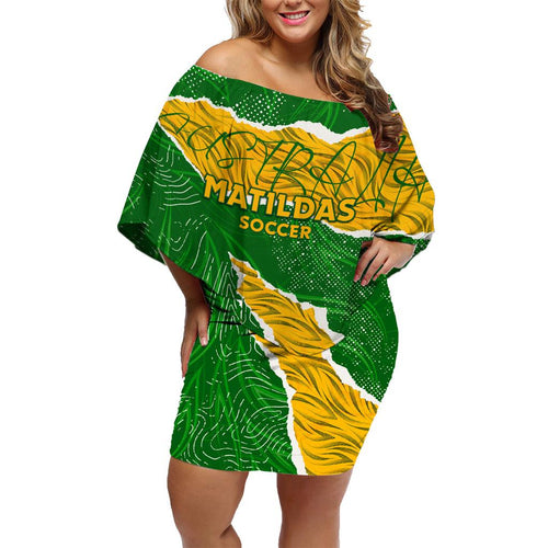 Personalised Matildas Family Matching Off Shoulder Short Dress and Hawaiian Shirt Australia Soccer Fingerprint