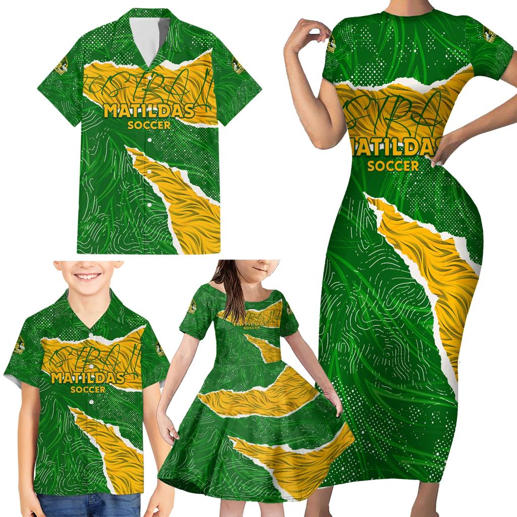 Personalised Matildas Family Matching Short Sleeve Bodycon Dress and Hawaiian Shirt Australia Soccer Fingerprint