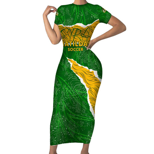 Personalised Matildas Family Matching Short Sleeve Bodycon Dress and Hawaiian Shirt Australia Soccer Fingerprint