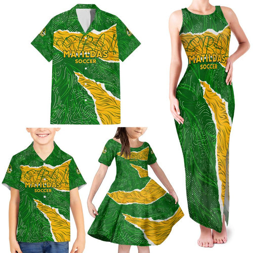 Personalised Matildas Family Matching Tank Maxi Dress and Hawaiian Shirt Australia Soccer Fingerprint