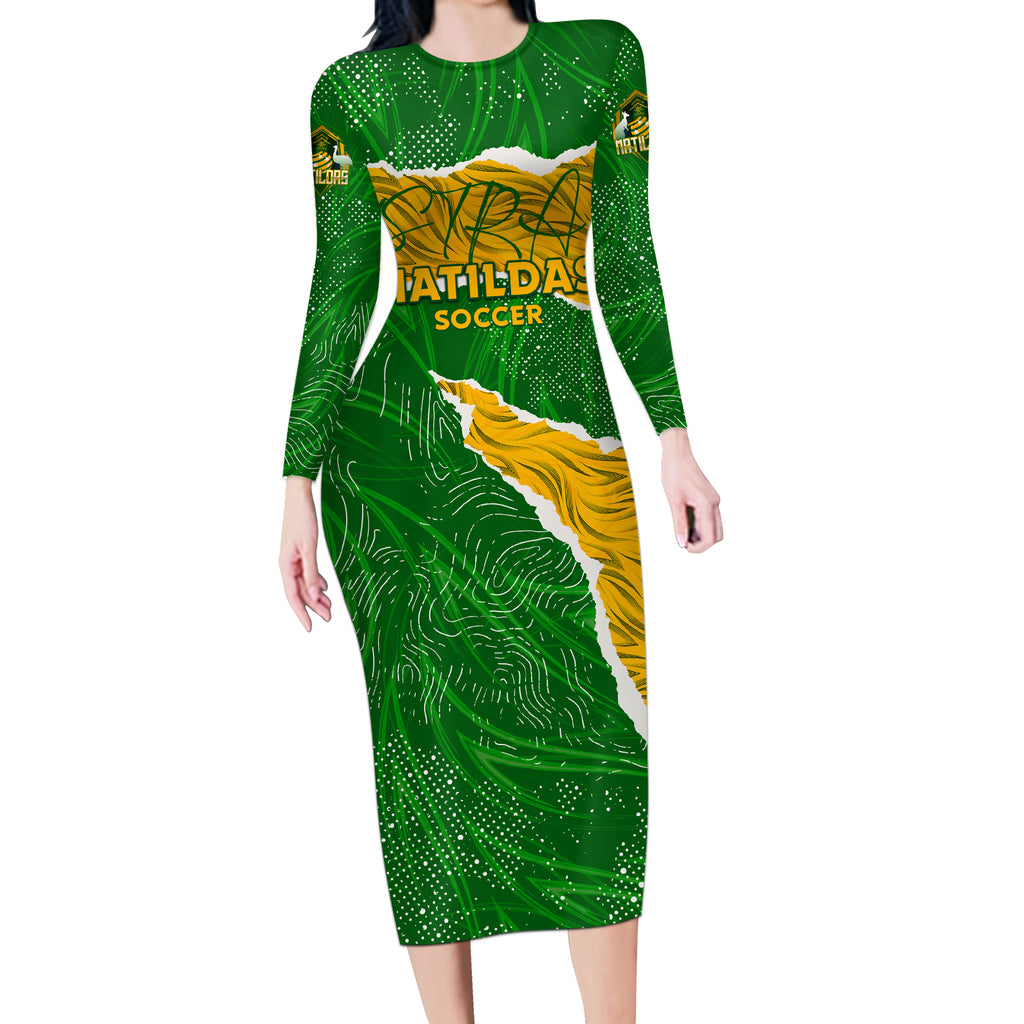 Personalised Matildas Long Sleeve Bodycon Dress Australia Soccer Fingerprint