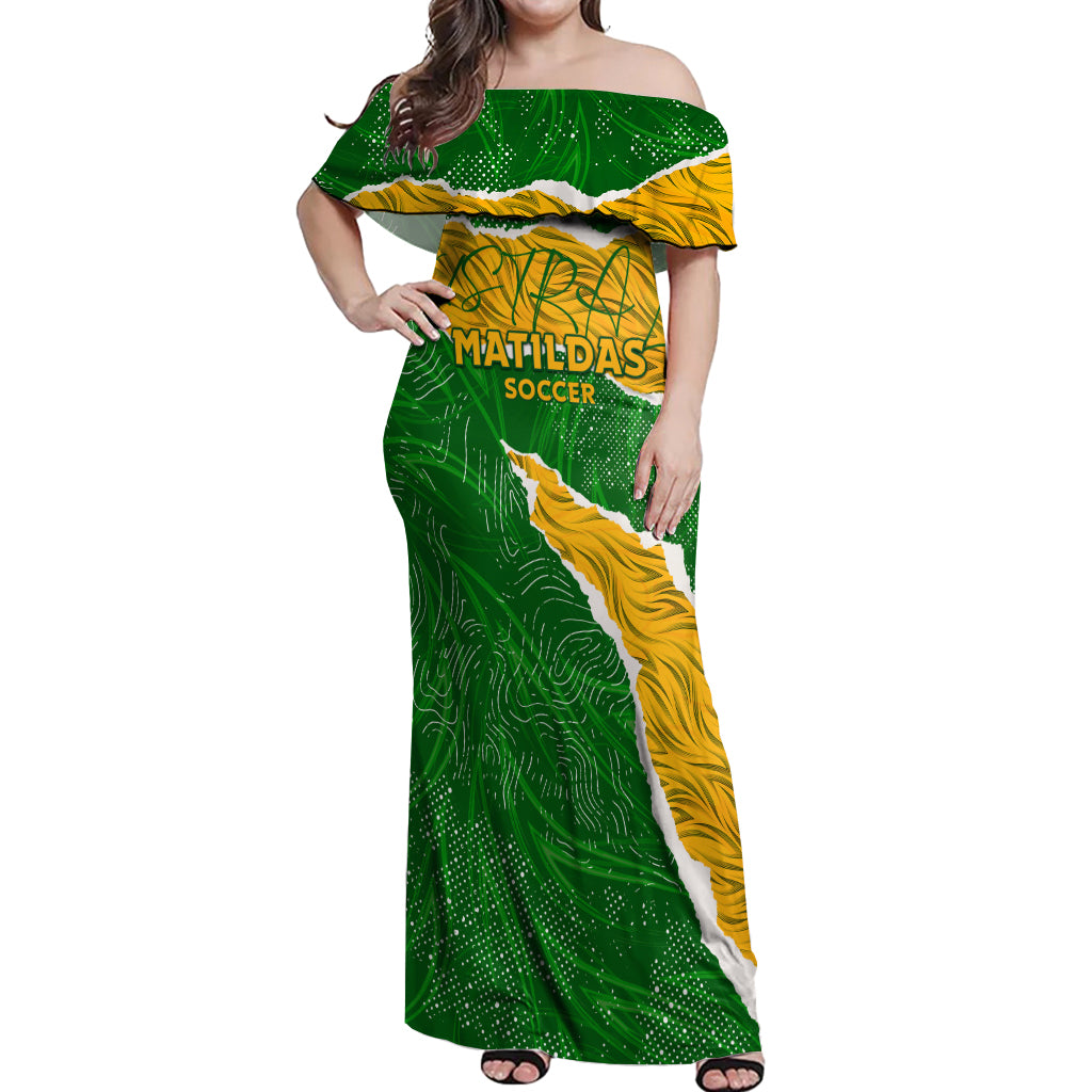 Personalised Matildas Off Shoulder Maxi Dress Australia Soccer Fingerprint
