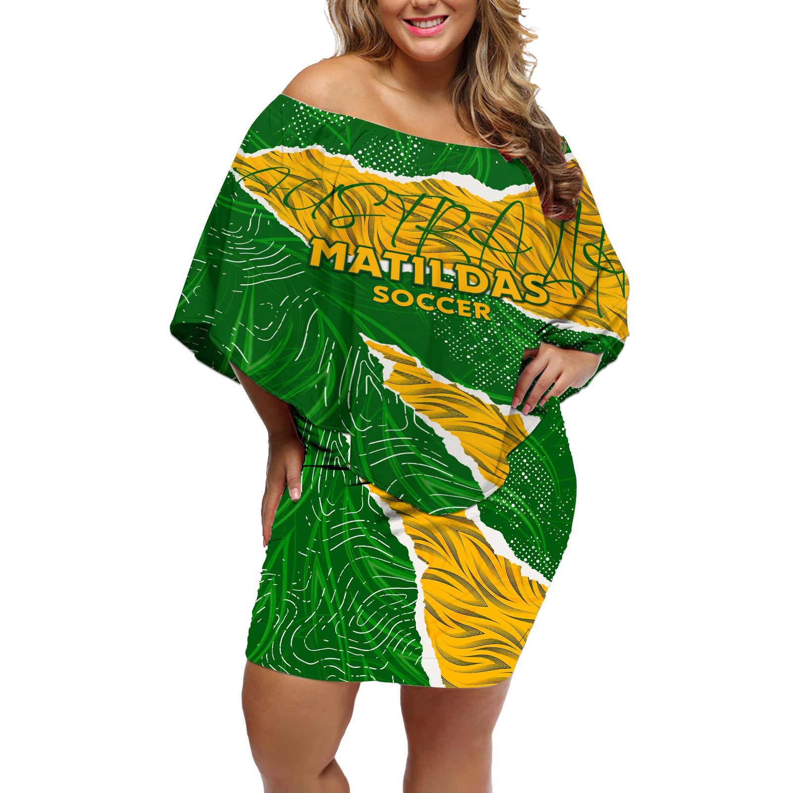 Personalised Matildas Off Shoulder Short Dress Australia Soccer Fingerprint