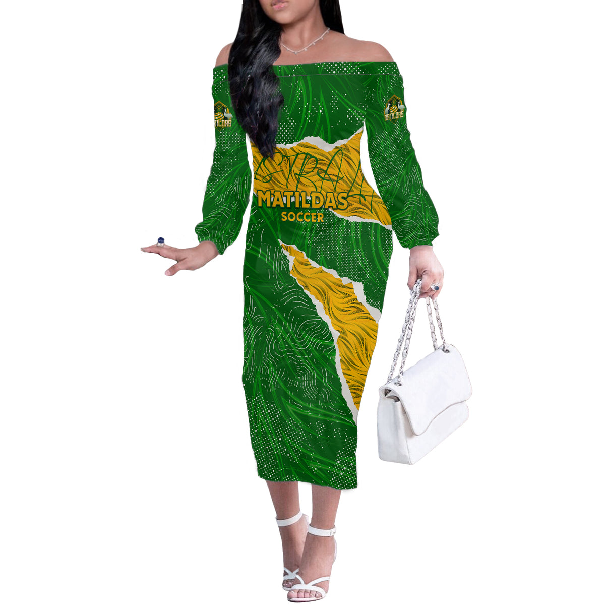 Personalised Matildas Off The Shoulder Long Sleeve Dress Australia Soccer Fingerprint