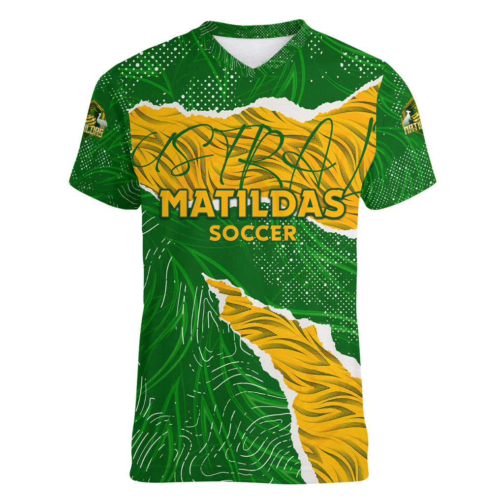 Personalised Matildas Women V-Neck T-Shirt Australia Soccer Fingerprint