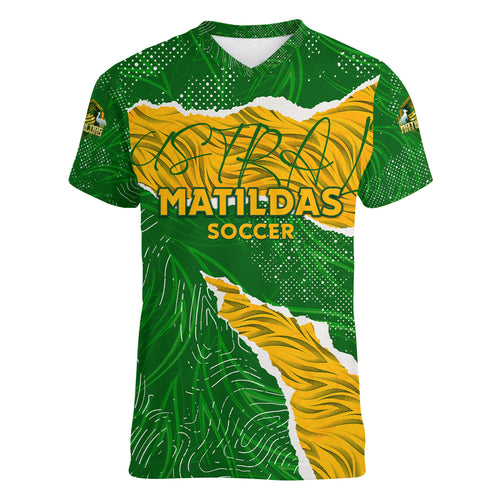 Personalised Matildas Women V-Neck T-Shirt Australia Soccer Fingerprint