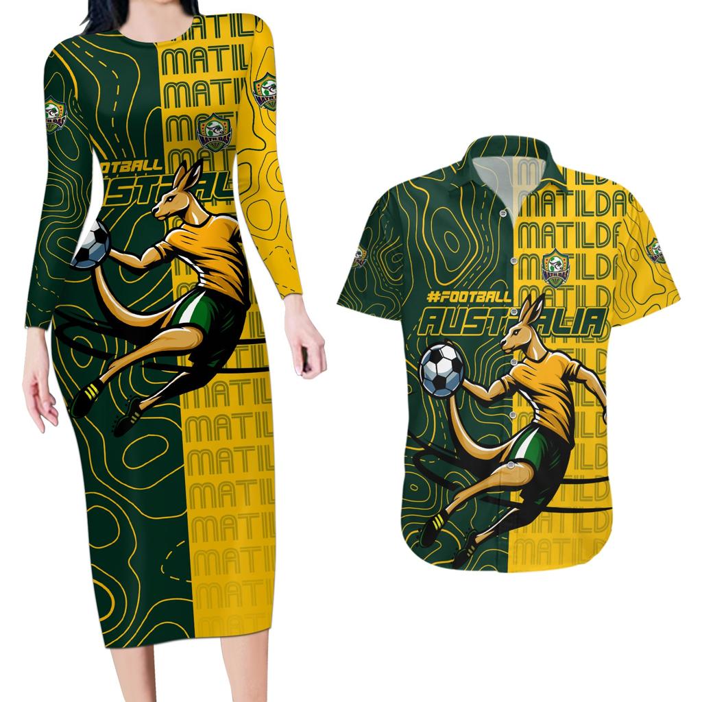 Personalised Matildas Mascot Couples Matching Long Sleeve Bodycon Dress and Hawaiian Shirt Australia Football Topographic